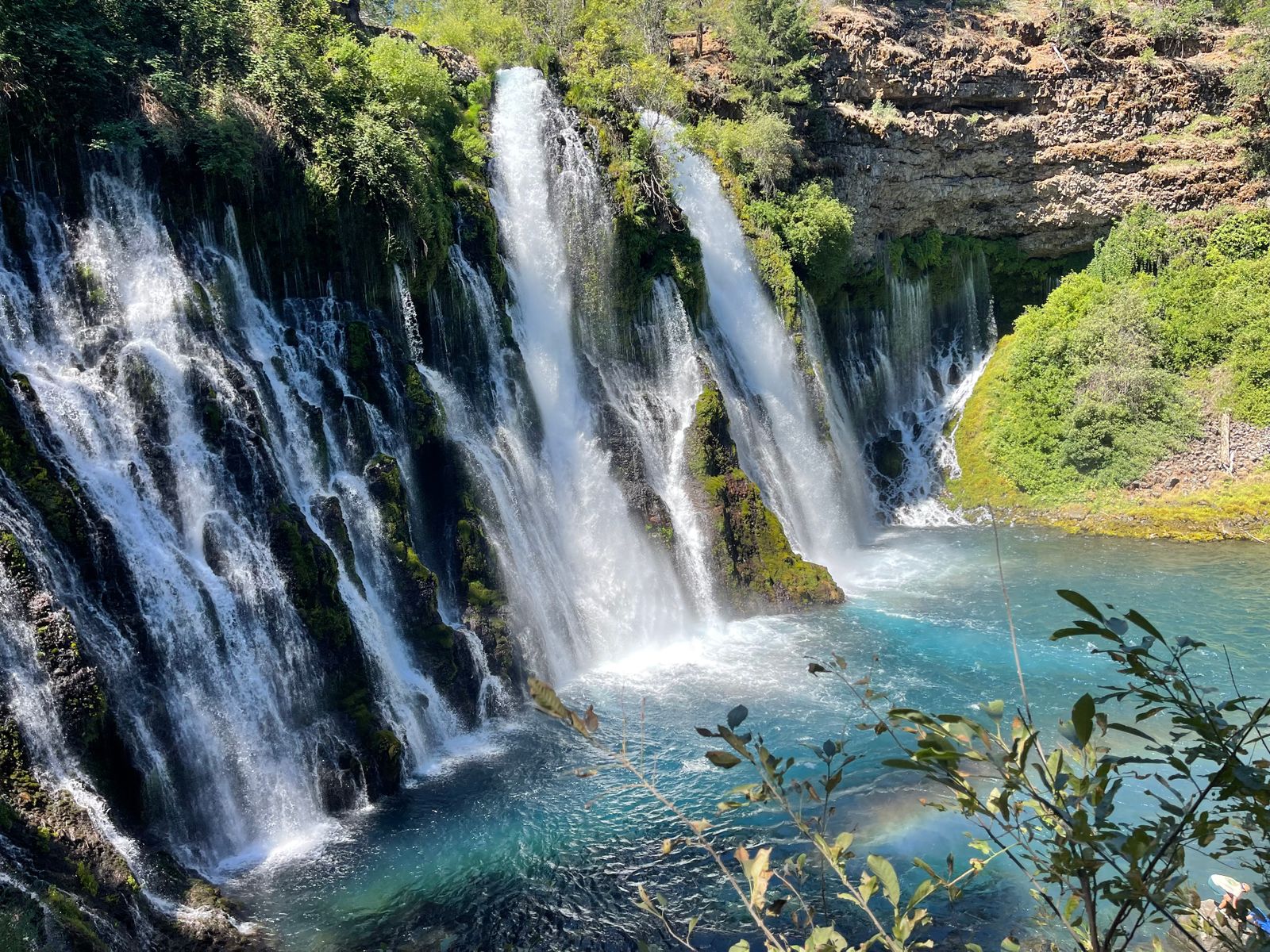 Burney Falls dropping in two wide sheets into a green pool